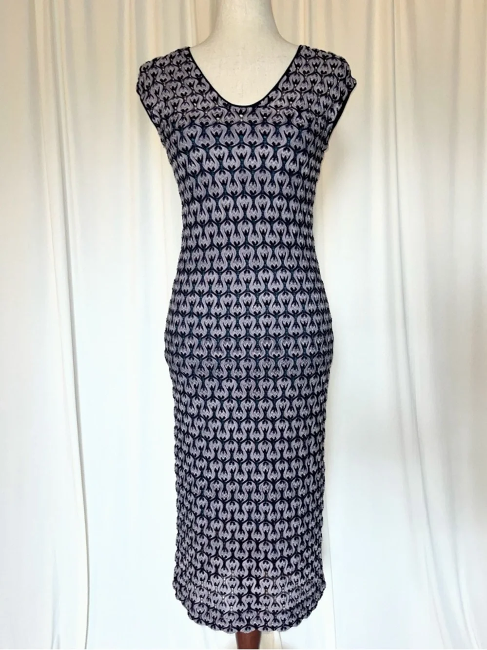 Missoni Classic Crocket Knit Midi Length Sheath Dress in Purple, Black, and Teal - Picture 4 of 11